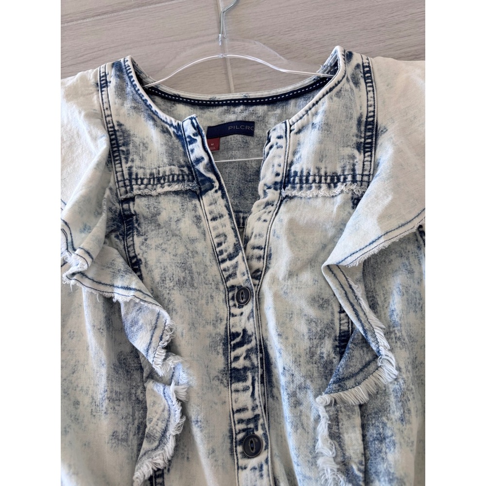 Pilcro Denim acid wash sleeveless jean Dress button front ruffle
